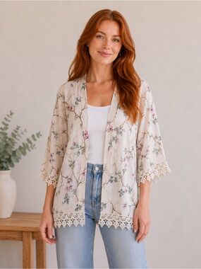 Lungo Larno Made in Italy Linen Kimono Cardigan, Floral Lace Trim, Size Large